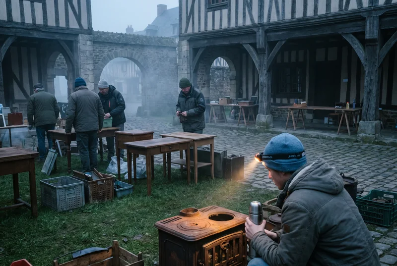 Vide-grenier normand à l'aube, un chineur à la lampe frontale
