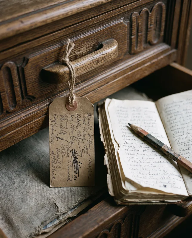 Étiquette en carton manuscrite attachée à la poignée d'un meuble en chêne, à côté du carnet de Théo