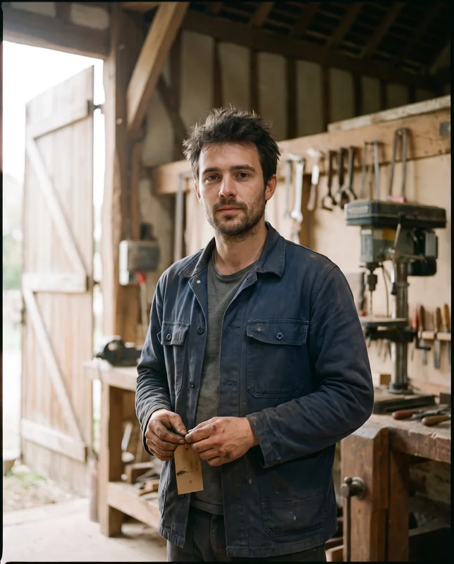 Portrait de Théo Anquetil dans sa grange-atelier, une étiquette en carton à la main